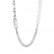 Colier din oțel – lacăt dublu suspendat, perle sintetice, lanț cu diverse modele