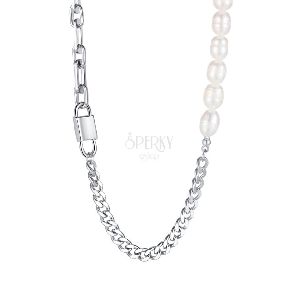 Colier din oțel – lacăt dublu suspendat, perle sintetice, lanț cu diverse modele