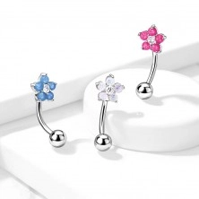 Piercing curbat, din oțel, pentru sprâncene – floare colorată cu opal sintetic, zircon transparent