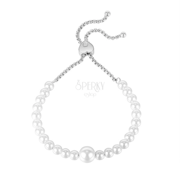 Brățară din oțel de culoare argintie - mărgele albe perlate, zircon transparent, închidere glisantă