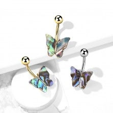 Piercing pentru buric din oțel – fluture simetric cu scoică abalone, acoperire PVD