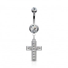 Piercing pentru buric, din oțel – cruce împodobită cu zirconii mici, zircon rotund