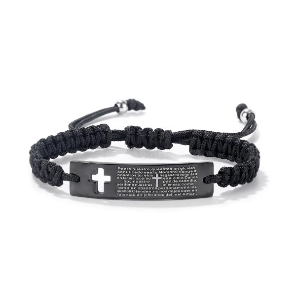 Brățară împletită neagră – placă de oțel de culoare neagră cu cruce și rugăciune