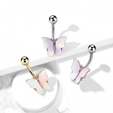 Piercing pentru buric, din oțel – fluture acoperit cu strat de scoică, acoperit prin tehnologie PVD