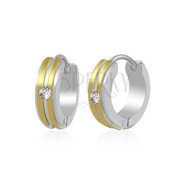 Cercei din oțel în două culori - cercuri, due dungi aurii și zirconiu transparent