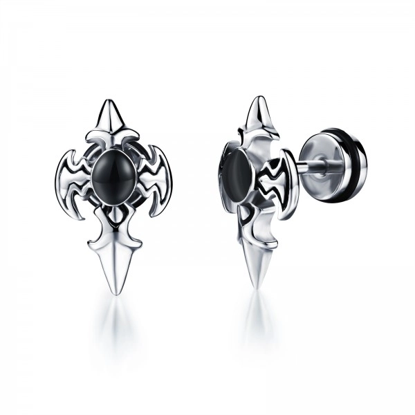 Piercing fals pentru ureche, din otel – halebardă, decor negru, culoare argintie