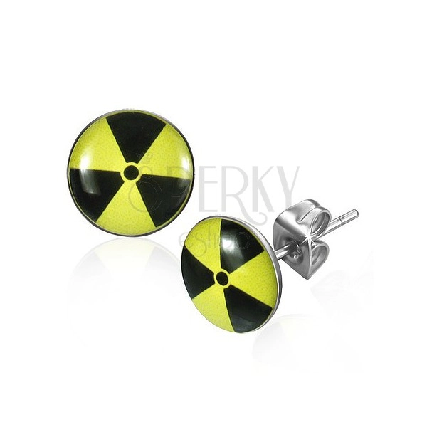Cercei rotunzi din oțel - simbol nuclear cu galben și negru