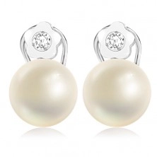 Cercei din aur alb de 9K – o perlă de cultură, o floare cu zircon, clips omega
