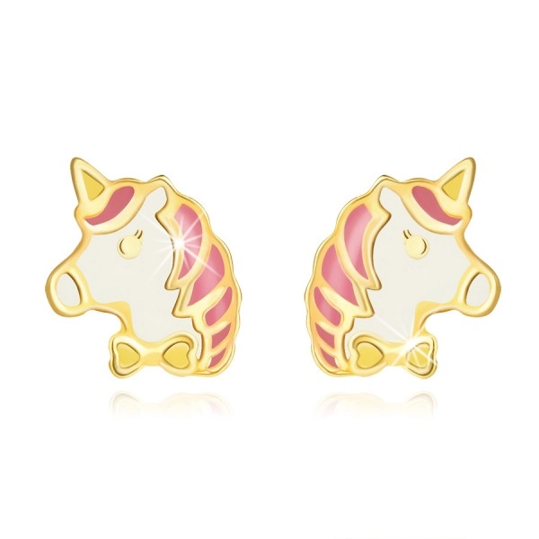 Cercei din aur galben 585 – unicorn colorat roz-alb, știfturi
