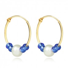 Cercei cercuri din aur de 9K – o perlă albă de apă dulce, cristale albastre