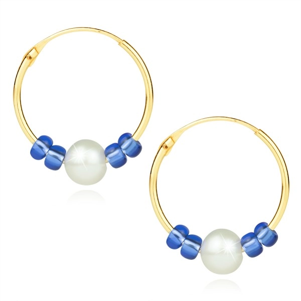 Cercei cercuri din aur de 9K – o perlă albă de apă dulce, cristale albastre
