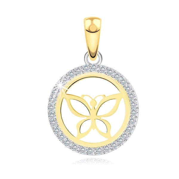 Pandantiv din aur combinat de 14K – fluture într-un contur de inel, tiv din zirconii