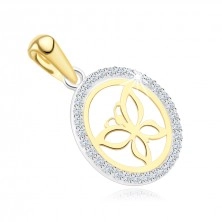 Pandantiv din aur combinat de 14K – fluture într-un contur de inel, tiv din zirconii