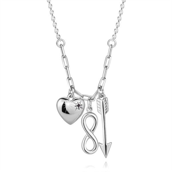 Colier din argint 925 - diamant negru, inimă, simbol Infinit, săgeată