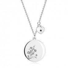 Colier din argint 925 - diamant negru, inimă, disc cu flori