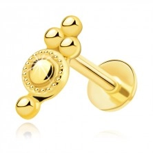 Piercing pentru buză și bărbie din aur galben 585 – inel cu tiv decorativ, mărgele