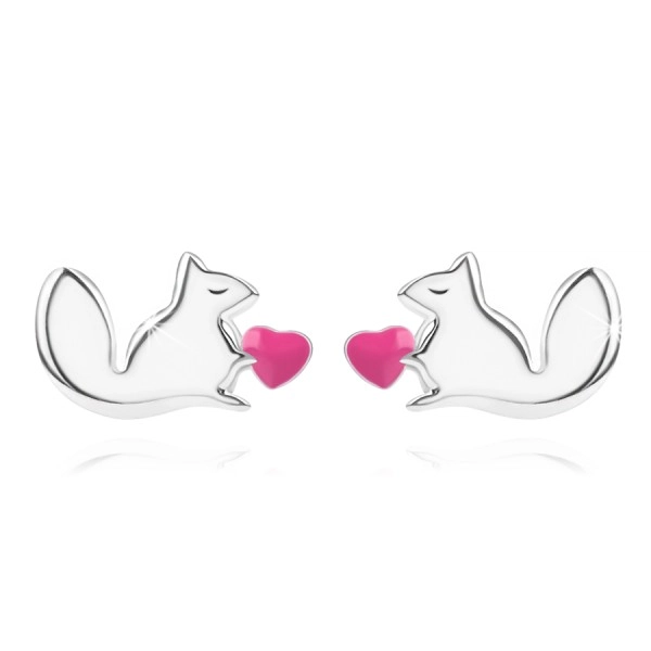 Cercei din argint 925 – o veveriță cu coadă, o inimă roz, știfturi