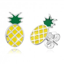 Cercei din argint 925 – un ananas galben, o tulpină verde, știfturi