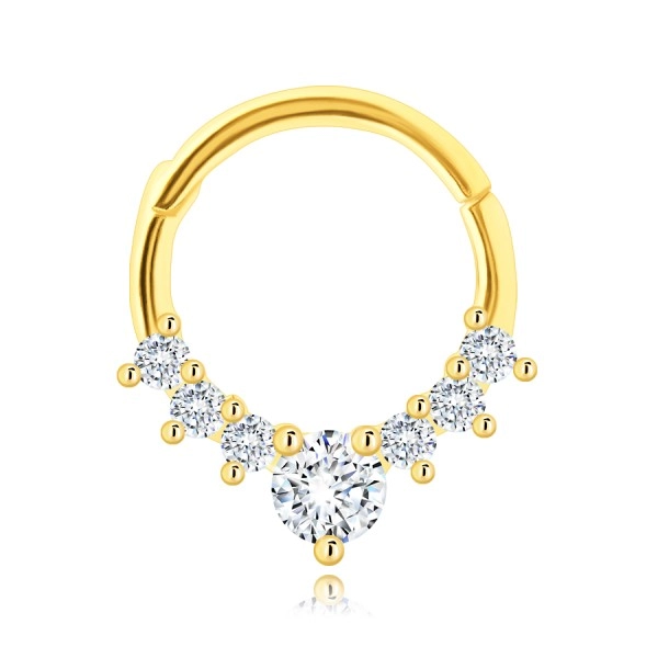Piercing de nas din aur de 14K – un inel, zirconii transparente, o închidere cu clemă cu balama