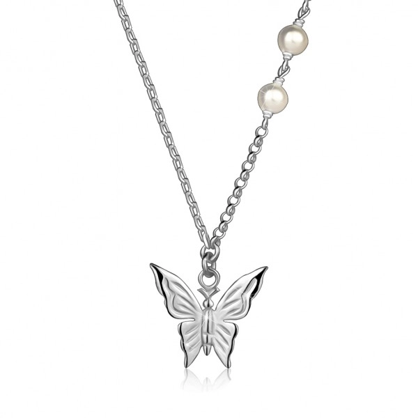 Colier argint 925 - fluture, perle albe sintetice, diverse tipuri de lanțuri