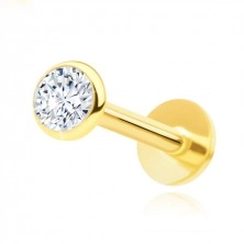 Piercing pentru buză și bărbie din aur galben 585 – un labret cu zircon rotund transparent