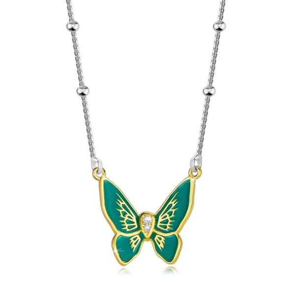 Colier argint 925 – fluture cu aripi verzi, corp zircon, mărgele netede