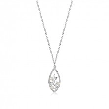 Colier din argint 925 – oval împletit, floare cu frunze, perle albe de apă dulce