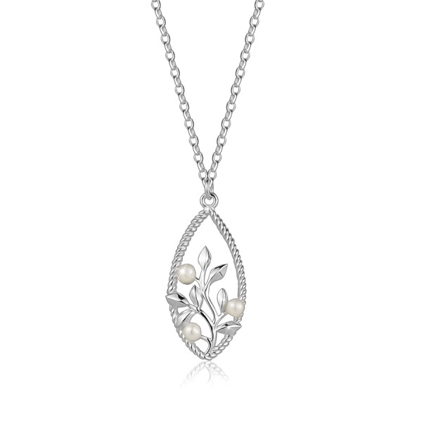 Colier din argint 925 – oval împletit, floare cu frunze, perle albe de apă dulce