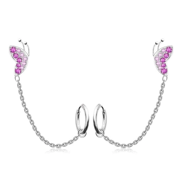 Cercei pentru două găuri, din argint 925 – un fluture cu zirconii roz, un cerc, un știft