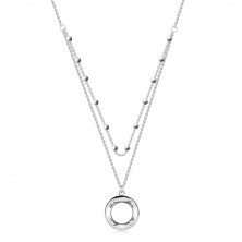 Colier din argint 925 – lanț dublu, diamante, inel cu decupaj, mărgele