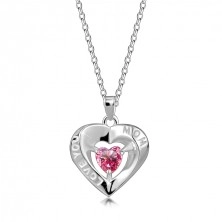Colier din argint 925 – conturul inimii, zircon inimă roz, inscripția „LOVE YOU MOM”