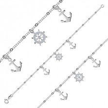 Brățară din argint 925 cu motiv nautic – ancore netede, cârmă cu zirconii transparente