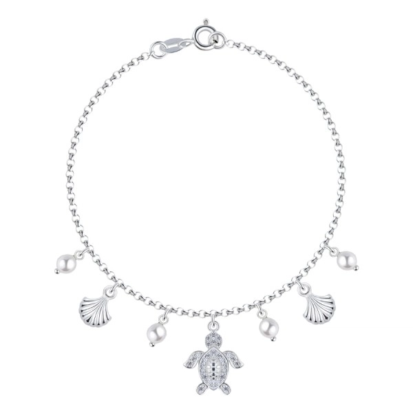 Brățară din argint 925 - broască țestoasă, scoică, perle sintetice albe, zirconii transparente