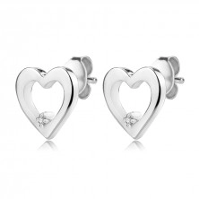 Cercei cu diamante din argint 925 – conturul inimii cu un diamant transparent, știfturi