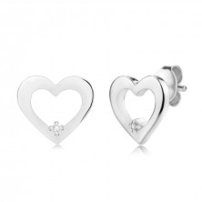 Cercei cu diamante din argint 925 – conturul inimii cu un diamant transparent, știfturi