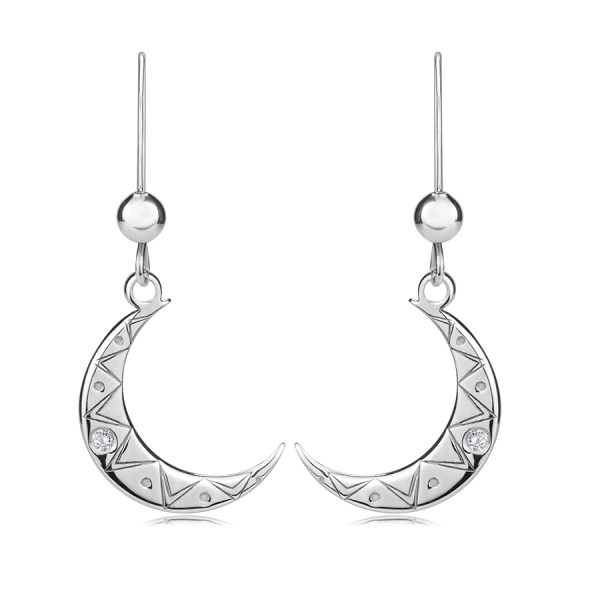 Cercei din argint 925 cu diamant – lună cu model in zig-zag gravat, mărgele, cârlig afro