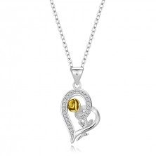Colier din argint 925 – conturul inimii cu zirconii, trandafir cu cap auriu