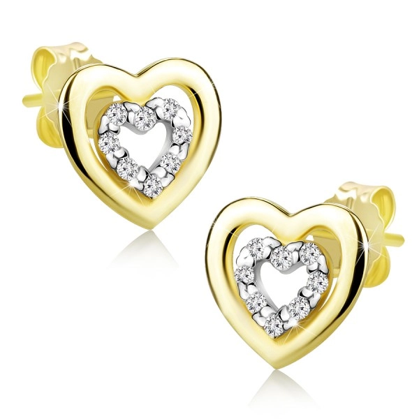 Cercei din aur combinat de 9K - inimă dublă cu zirconii, știfturi