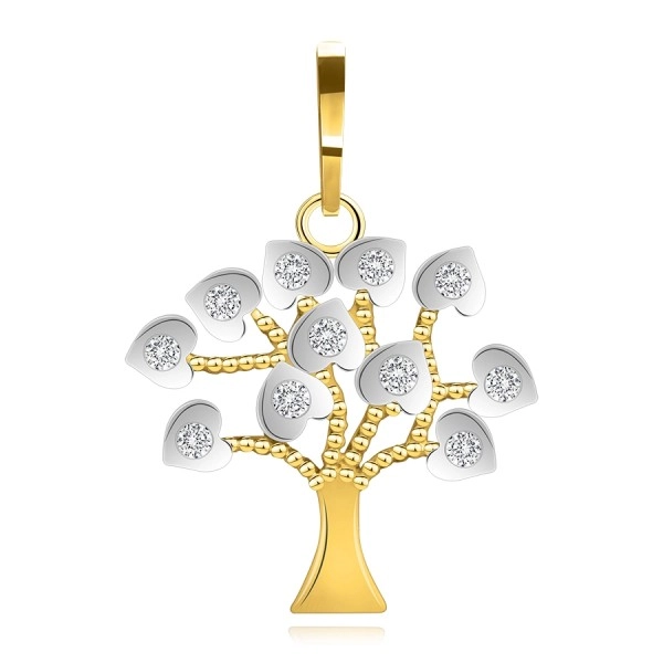 Pandantiv din aur combinat de 9K - pomul vieții, zirconii transparente, crestături