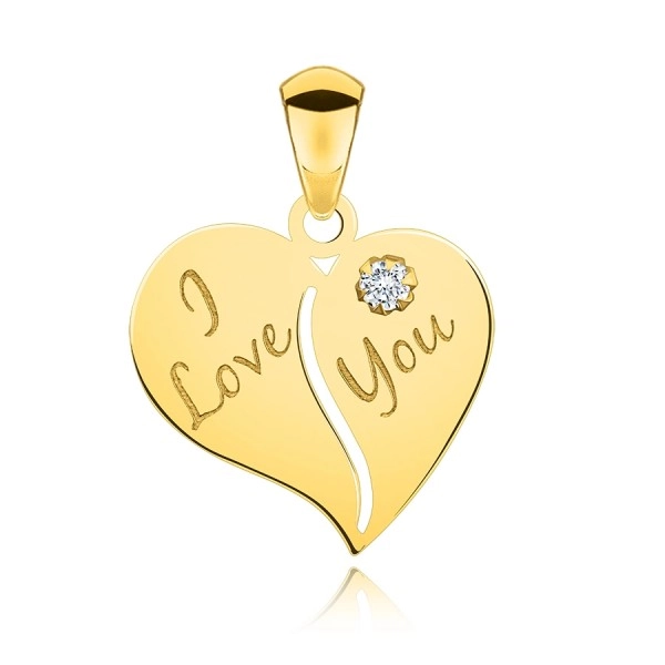 Pandantiv din aur galben de 9K - inimă cu decupaj, zirconiu, inscripția I Love You