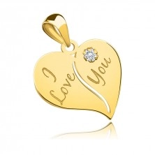 Pandantiv din aur galben de 9K - inimă cu decupaj, zirconiu, inscripția I Love You