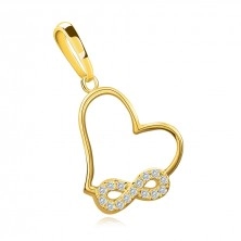 Pandantiv din aur galben 375 - inimă asimetrică, simbol Infinit, zirconii transparente