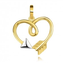 Pandantiv din aur combinat de 9K - contur de inimă cu buclă, săgeata lui Cupidon