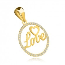 Pandantiv din aur galben de 14K - inscripția IUBIRE și o inimă într-un cerc de zircon
