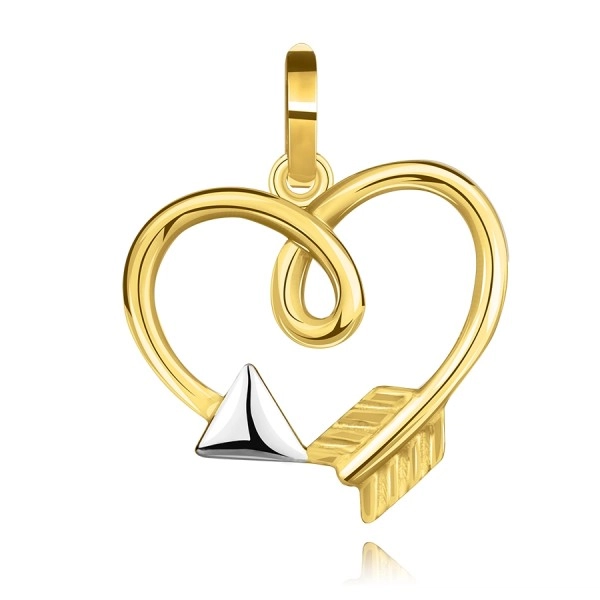 Pandantiv din aur combinat de 14K - contur inimă cu buclă, săgeata lui Cupidon
