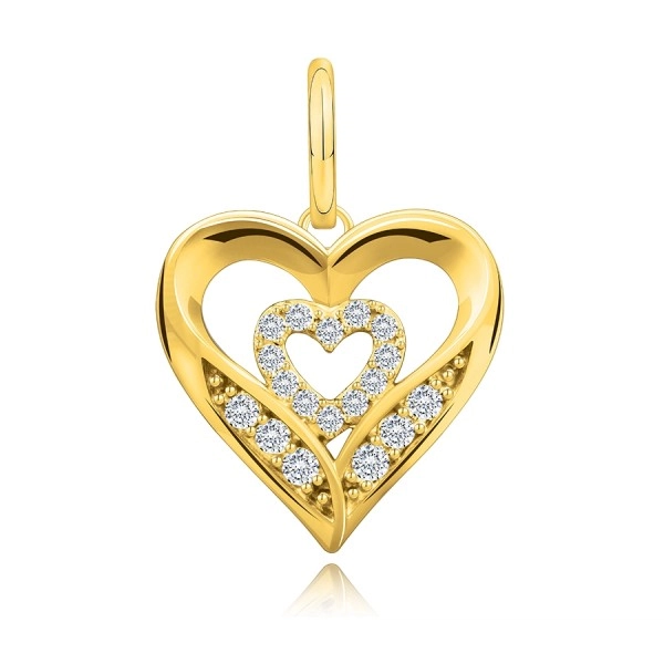 Pandantiv din aur galben de 14K - două contururi de inimă, zirconii rotunde