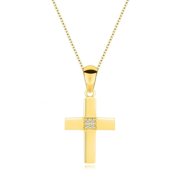 Colier din aur galben 585 - cruce latină, diamante transparente în centru