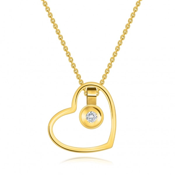 Colier din aur galben 585 - contur inimă, cerc cu diamant transparent