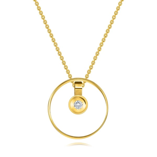 Colier din aur galben 585 - pandantiv rotund cu diamant transparent pe contur inel