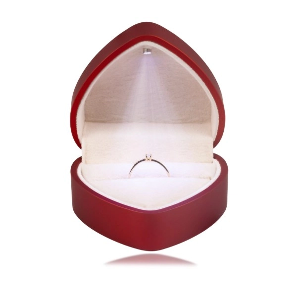Cutie cadou LED pentru inele - inimă, culoare roșu mat, pernă bej